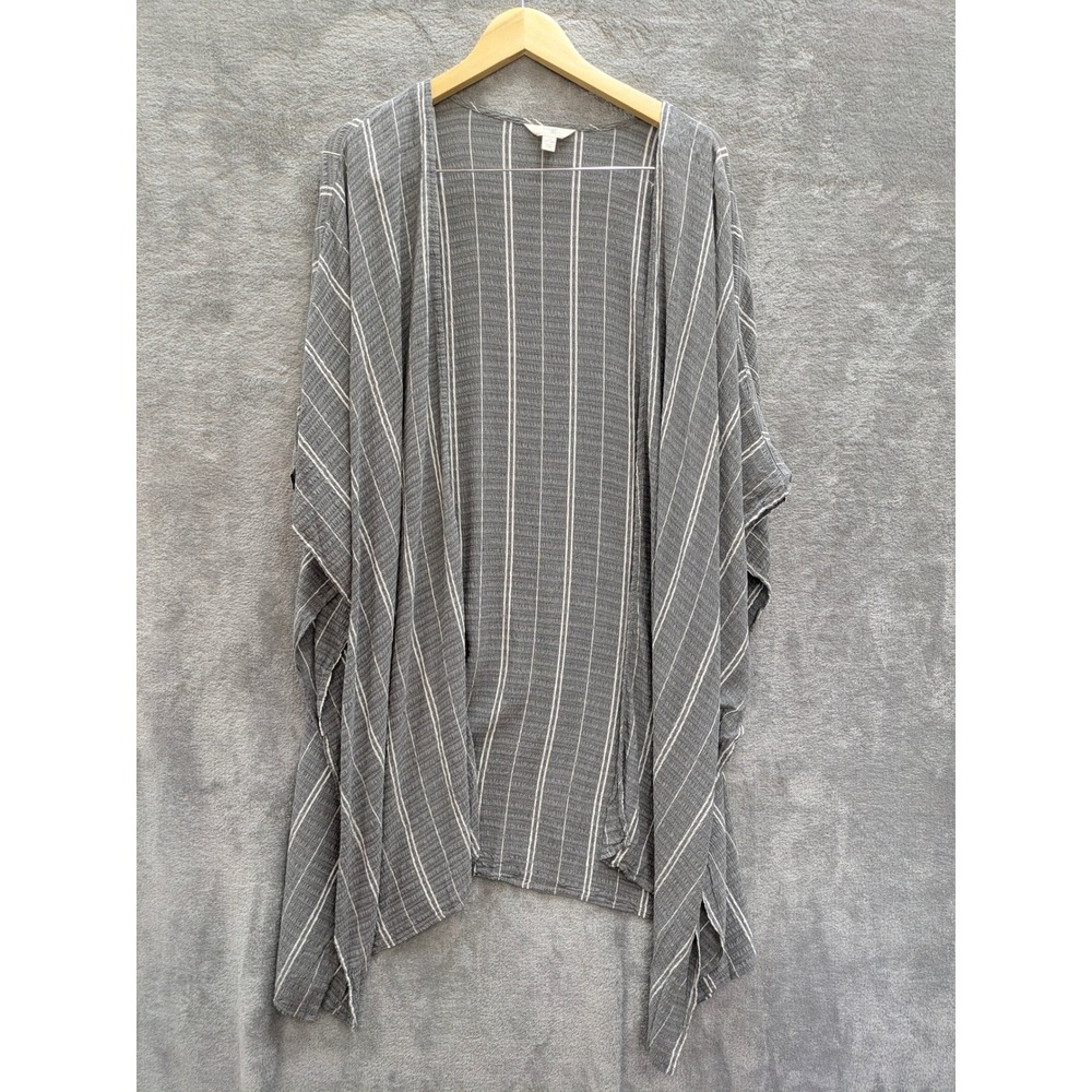 Boho Kimono Cardigan Women 1X Gray White Striped Open Front Draped Wrap
